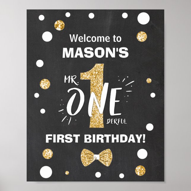 Mr Onederful Birthday Welcome Sign Boy Black Gold Poster (Vorne)