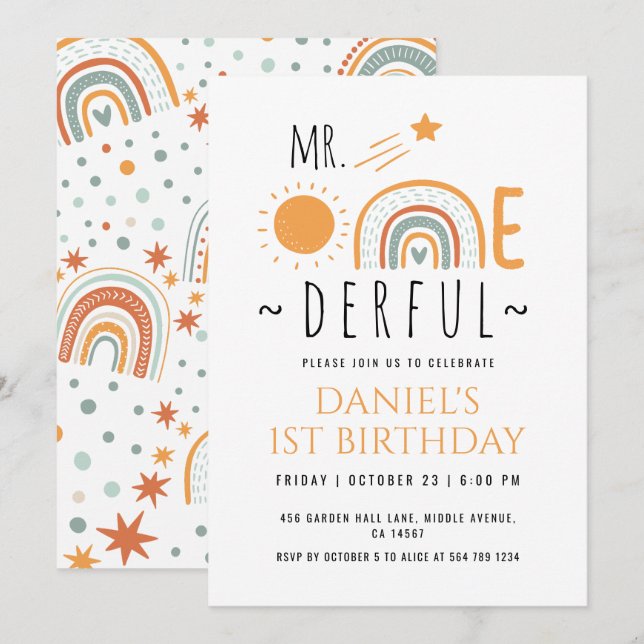 Mr Onederful Boho Rainbow First Birthday Boy Einladung (Vorne/Hinten)