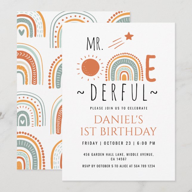 Mr Onederful Boho Rainbow First Birthday Boy Einladung (Vorne/Hinten)
