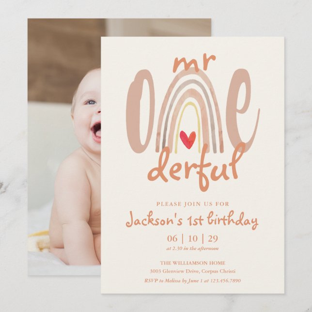 Mr Onederful Boho Rainbow Heart Photo 1st Birthday Einladung (Vorne/Hinten)