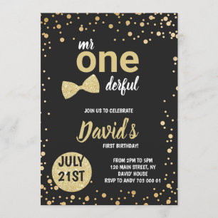 Mr Onederful Boy First Birthday Black Gold Elegant Einladung