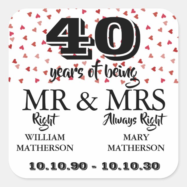 Mr. Right Fun 40-jähriges Jubiläum Ruby Hearts Quadratischer Aufkleber (Vorderseite)