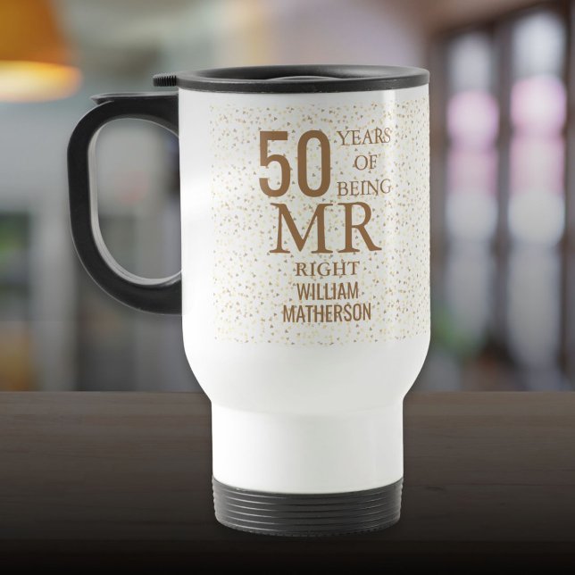 Mr Right Fun 50 Jahre Goldene Herzen Reisebecher (Mr Right Fun 50th Anniversary Gold Hearts Travel Mug)