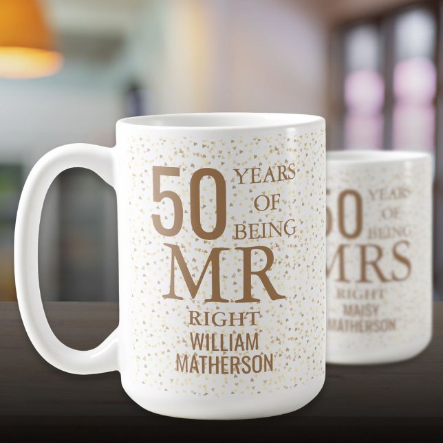 Mr Right Fun 50 th Wedding Anniversary Gold Hearts Kaffeetasse (Mr Right Fun 50th Wedding Anniversary Gold Hearts Coffee Mug)