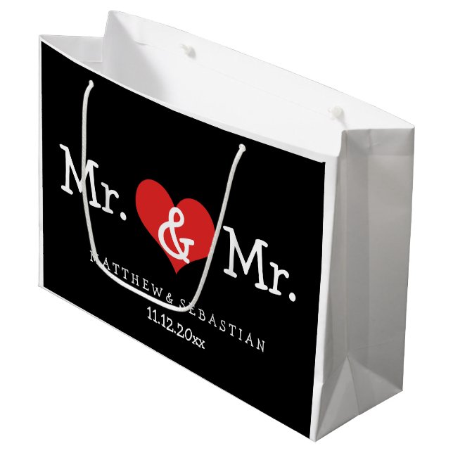 Mr. und Mr. Red Heart Wedding Personalisiert Große Geschenktüte (Vorderseite Schrägansicht)