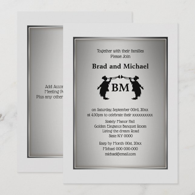Mr. und Mr. Trumpet Blower Grooms Silber Schwarz-w Einladung (Vorne/Hinten)