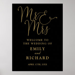 Mr. und Mrs. Black and Gold Wedding Willkommenszei Poster