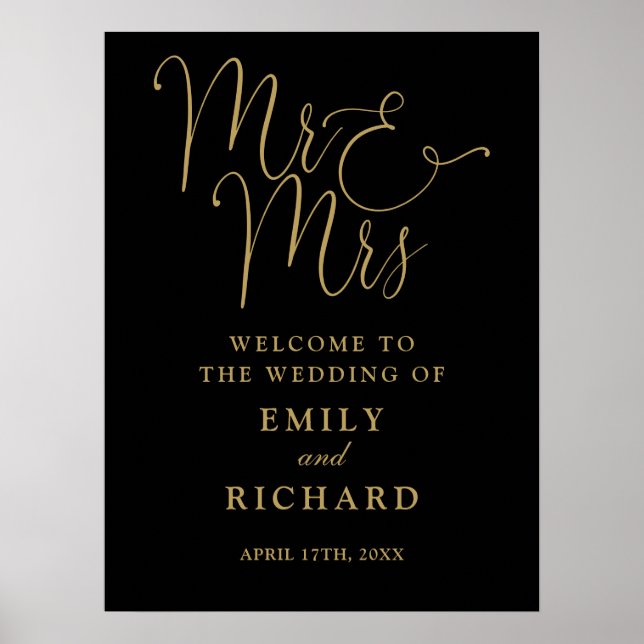 Mr. und Mrs. Black and Gold Wedding Willkommenszei Poster (Vorne)