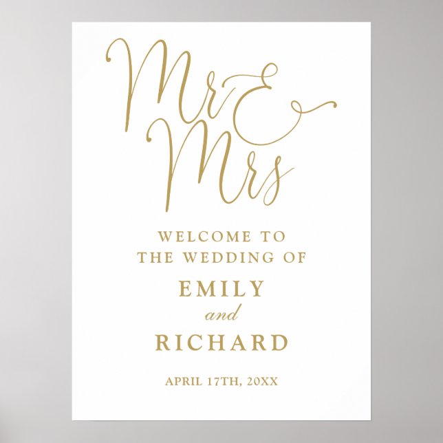 Mr. und Mrs. Chic Gold Wedding Willkommenszeichen Poster (Vorne)