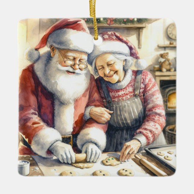 Mr. und Mrs. Claus Baking Cookies Custom Christmas Keramikornament (Vorderseite)