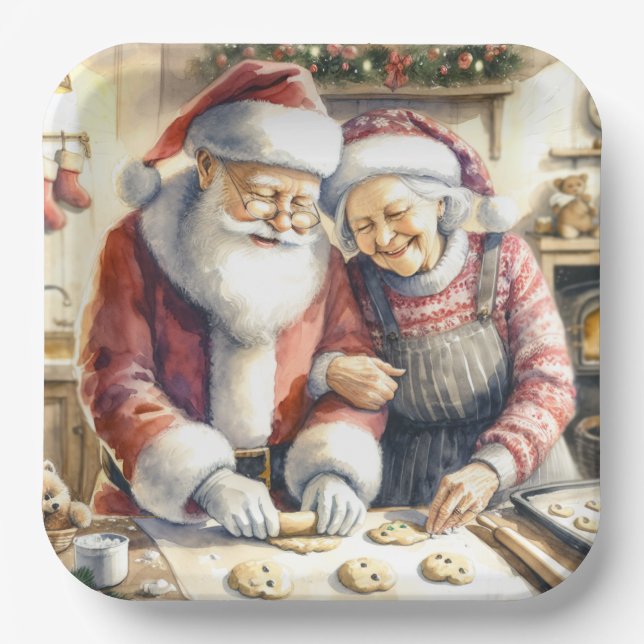 Mr. und Mrs. Claus Baking Cookies Custom Christmas Pappteller (Vorderseite)