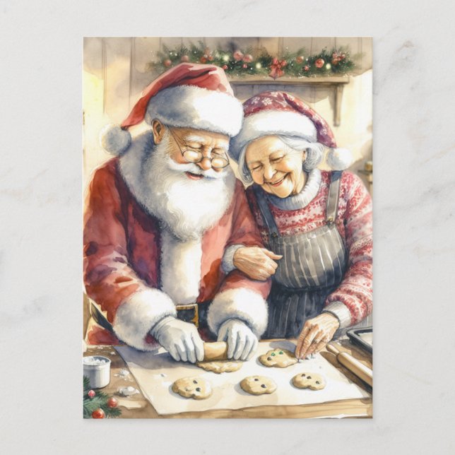 Mr. und Mrs. Claus Baking Cookies Custom Christmas Postkarte (Vorderseite)