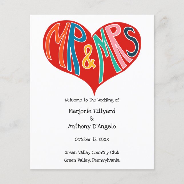 Mr. und Mrs. Colorful Heart Shape Wedding Program (Vorderseite)