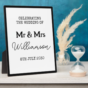Mr. und Mrs. Elegant Black and White Wedding Sign Fotoplatte