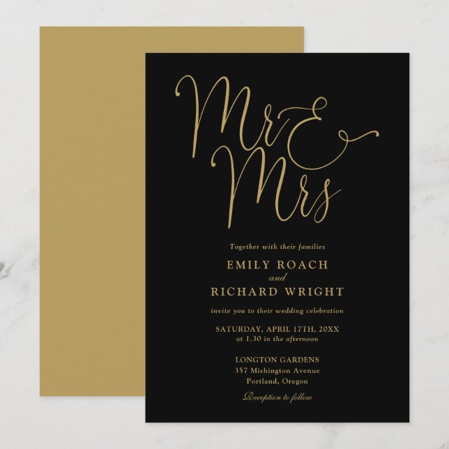 Mr. und Mrs. Elegant Script Black and Gold Hochzei Einladung (Vorne/Hinten)