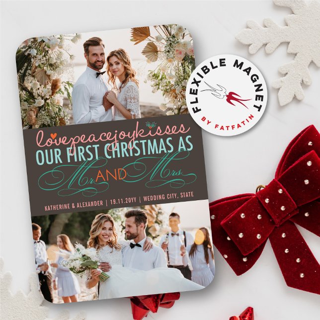 Mr. und Mrs. First Christmas Foto Collage Hochzeit Magnet (Love Peace Joy Kisses Our First Christmas As Mr And Mrs 3 Photo Holiday Wedding Flexible Magnet)