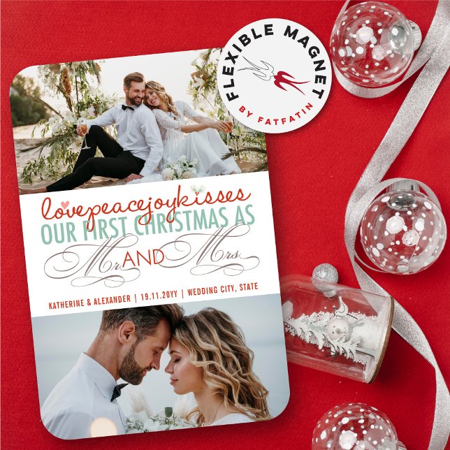 Mr. und Mrs. First Christmas Foto Collage Hochzeit Magnet (Love Peace Joy Kisses Our First Christmas As Mr And Mrs 3 Photo Holiday Wedding Flexible Magnet)