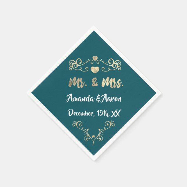 Mr. und Mrs. Heart aquamarin Aqua White Champaigne Serviette (Ecke)