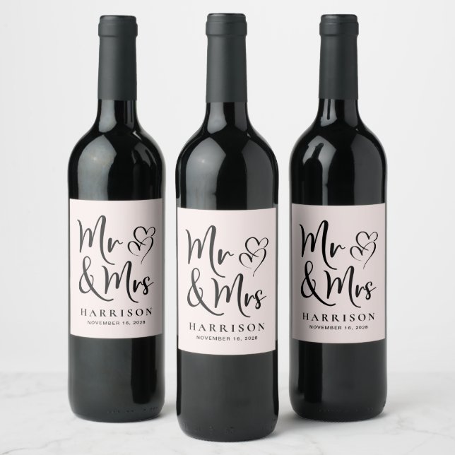 Mr. und Mrs. Personalisiert Pink Wedding Weinetikett (Flaschen)