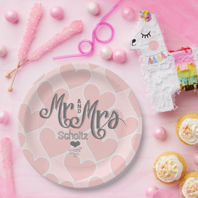 Mr. und Mrs. Pink Heart Pattern Chalkboard Style Pappteller (Party)