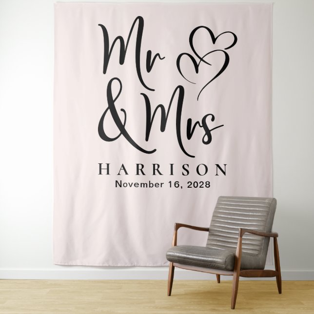 Mr. und Mrs. Pink Wedding Foto Hintergrund Wandteppich (Beispiel)