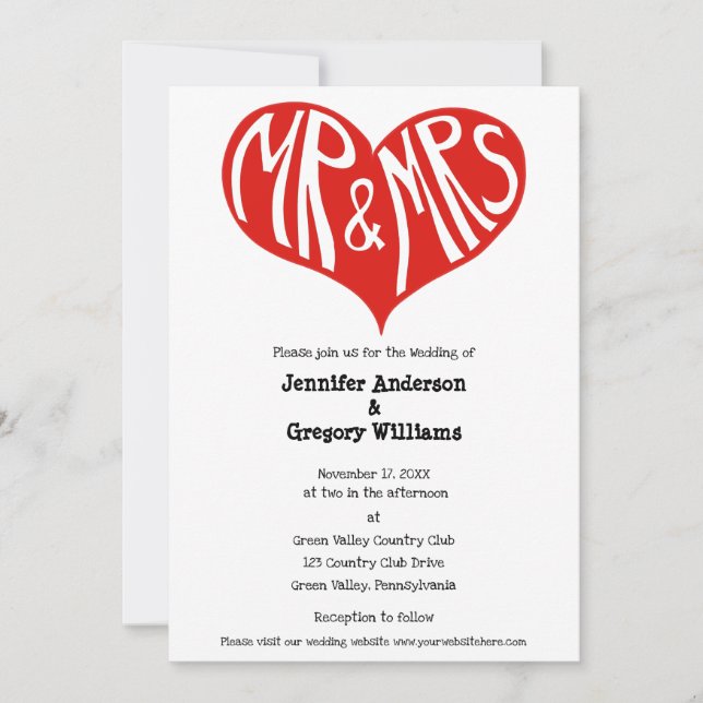 Mr. und Mrs. Red and White Heart Shape Wedding Einladung (Vorderseite)