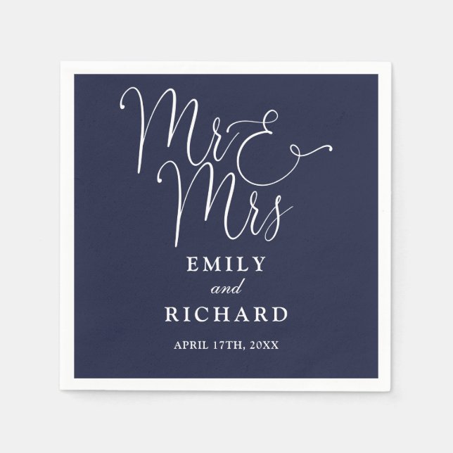 Mr. und Mrs. Script Elegant Navy Blue Wedding Serviette (Vorderseite)