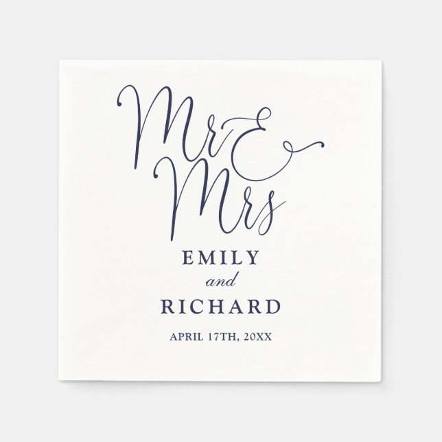Mr. und Mrs. Script Elegant Navy Blue Wedding Serviette (Vorderseite)