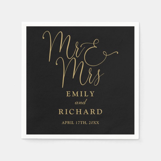 Mr. und Mrs. Script elegante Black and Gold Hochze Serviette (Vorderseite)