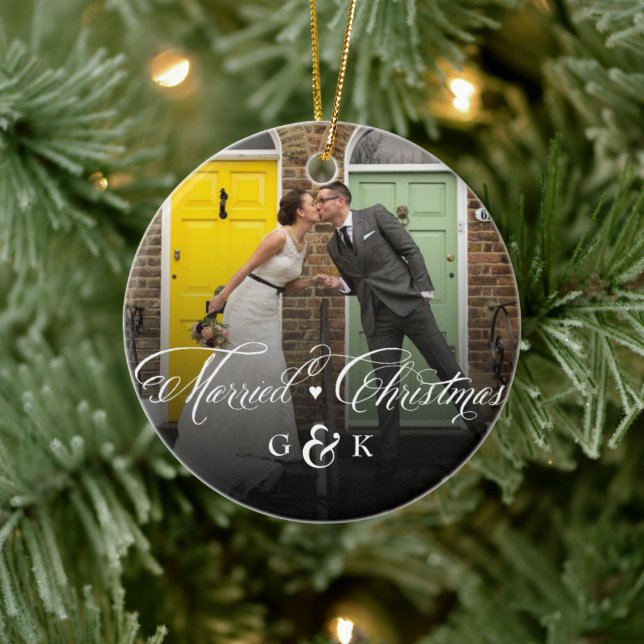 Mr. und Mrs. Verheiratet First Christmas Foto Wedd Keramikornament (Baum)