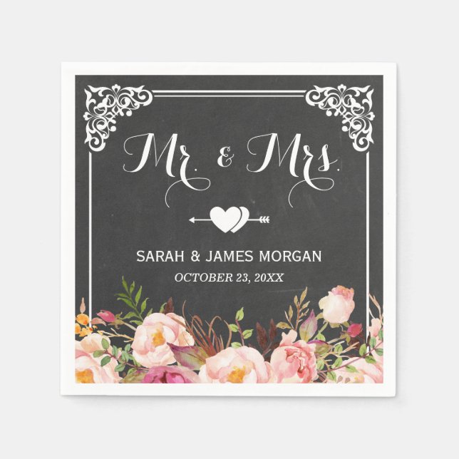 Mr. und Mrs. Wedding Vintag Chalkboard Blume Serviette (Vorderseite)