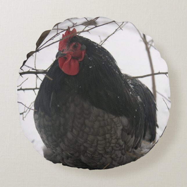 Mr Wertvoll - Rooster on Round Pillow Rundes Kissen (Vorderseite)