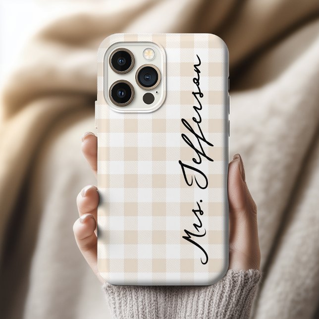Mrs and Mr Matching iPhone Case Set for Newlyweds (Personalized Beige Gingham iPhone Case Wedding Gift for Bride and Groom or Husband and Wife)