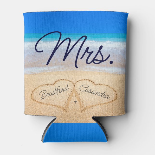 Mrs. Beach Wedding Hearts in Sand Can Cooler Dosenkühler (Vorderseite)
