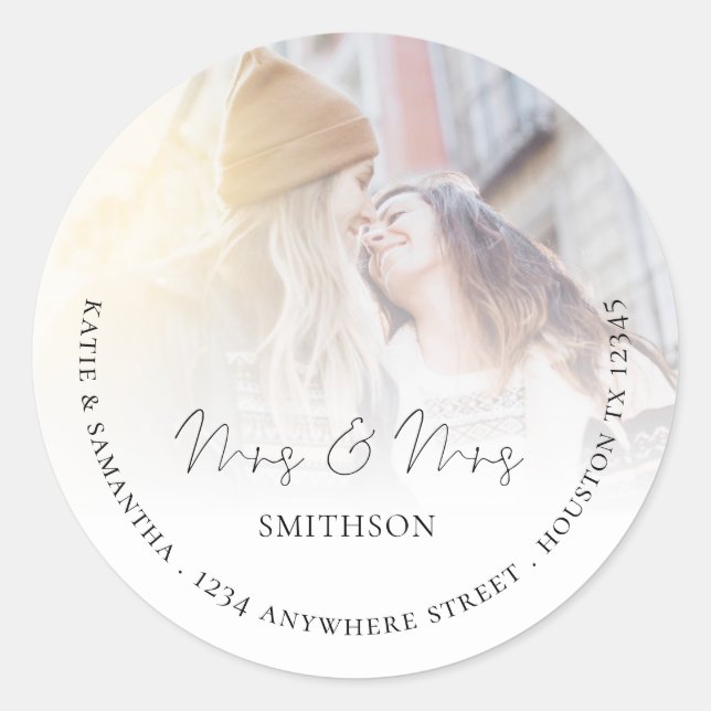 Mrs Foto Return Name Anschrift Lesbian Wedding Runder Aufkleber (Vorderseite)