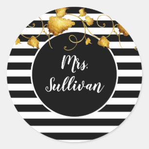 Mrs. mit Black & White Stripes Gold Blätter Runder Aufkleber