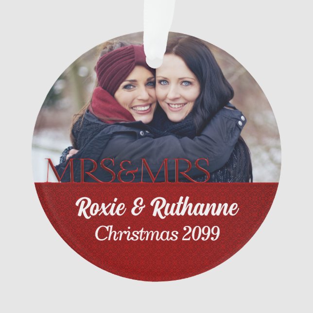 Mrs. & Mrs. 1. Christmas Red Damask Foto Ornament (Vorderseite)