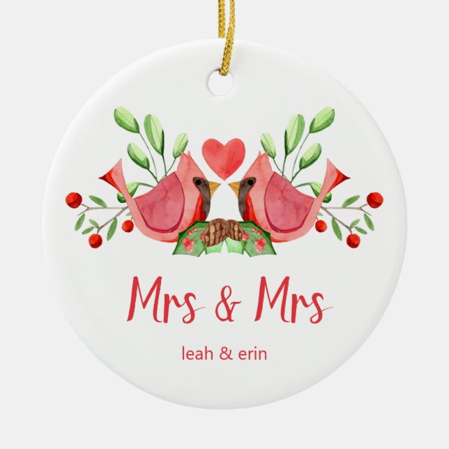 Mrs. & Mrs. Kardinal Lovebirds Personalisiert Keramik Ornament (Vorne)