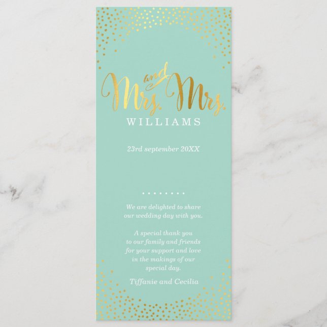 MRS & MRS WEDDING PROGRAM glam gold confetti mint Programm (Vorderseite)