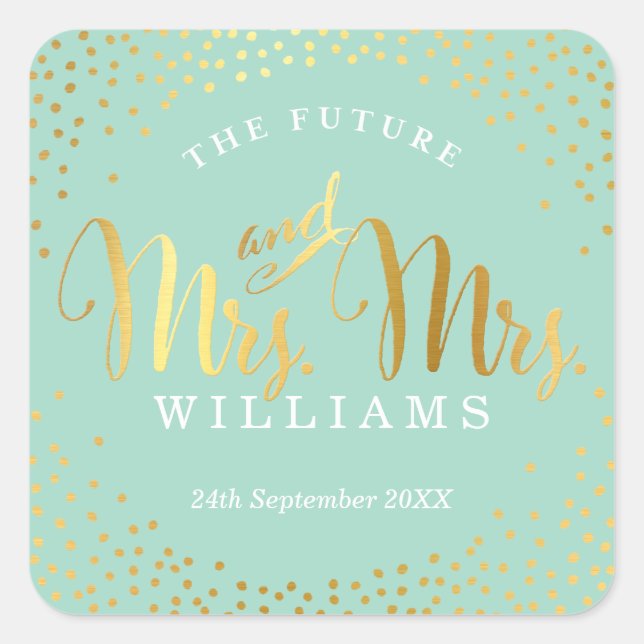 MRS & MRS. WEDDING SIEGEL Stilvolle Goldfeine Quadratischer Aufkleber (Vorderseite)