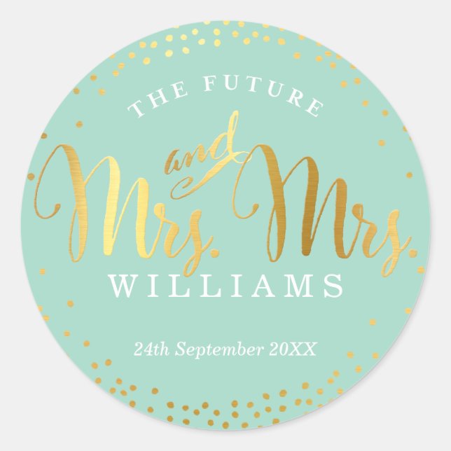 MRS & MRS. WEDDING SIEGEL Stilvolle Goldfeine Runder Aufkleber (Vorderseite)