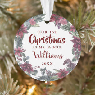 Mrs. Our First Christmas Floral Couple Foto Ornament