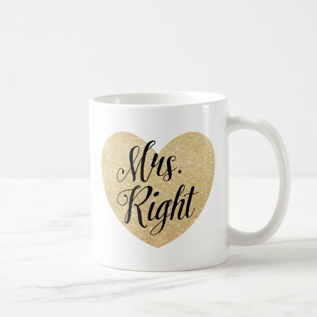 Mrs Right Glitzer Goldenes Herz personalisiert Kaffeetasse (Rechts)