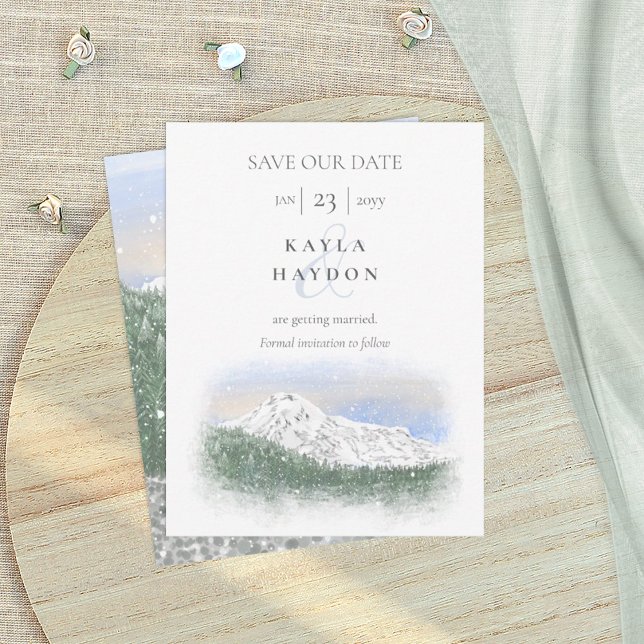 Mt Rainier, Falling Snow Wedding Save the Date Einladung (Mount Mt. Rainier save the date wedding card, Snow falling, trees forest, rustic winter mountains)