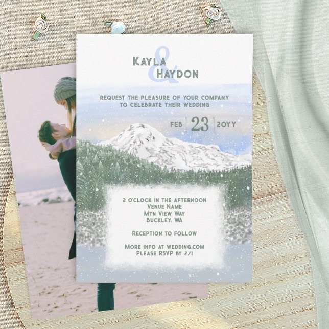 Mt. Rainier, Falling Snow Winter Wedding Einladung (Mt Rainier National Forest, mountain wedding invitation card, snow, winter, pacific northwest)