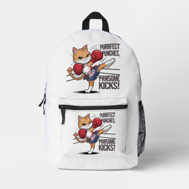 Muay Thai Niedlich Boxing und Kicking Cat Backpack Bedruckter Rucksack (Vorderseite)