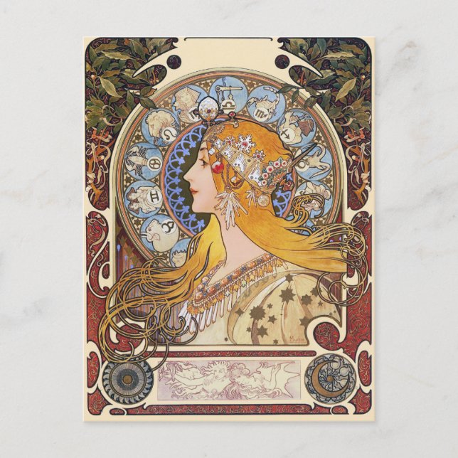 Mucha Art Nouveau Carte Postale - Zodiac - La Plum (Devant)