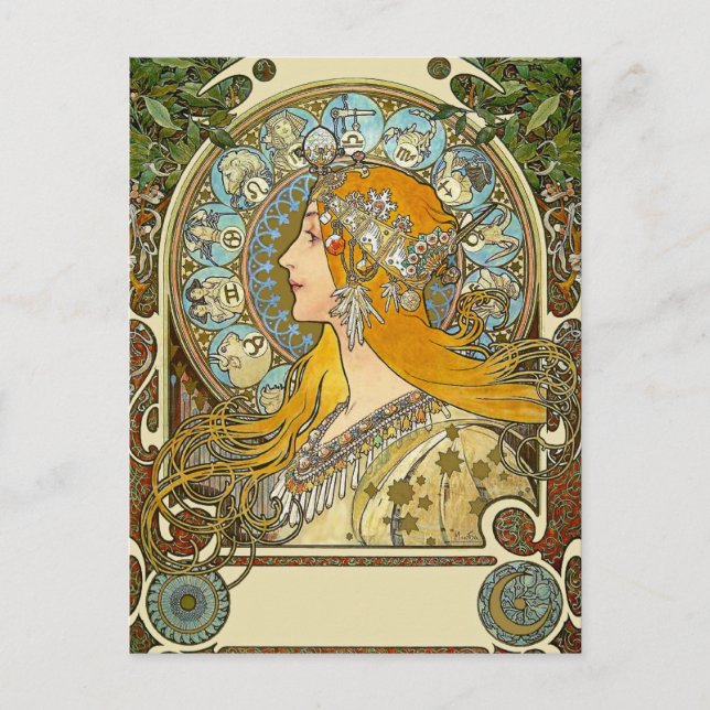 Mucha Art Nouveau Carte Postale - Zodiac - La Plum (Devant)