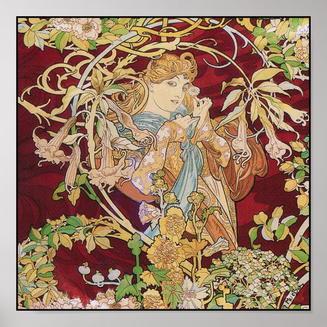 Mucha Art Nouveau Poster Printwerbung: Frauen mit  (Vorne)