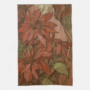 Mucha Art Nouveau Rote Poinsettie Blumendekor Geschirrtuch